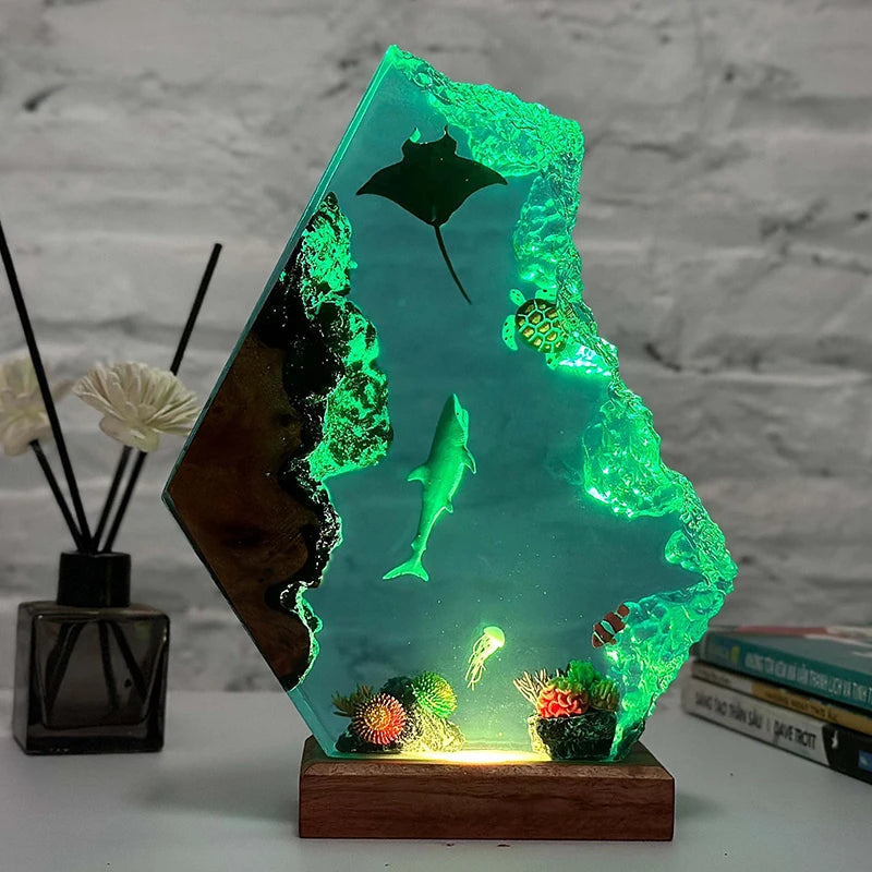 Ocean Animals Theme Organism Resin Table Light Creactive Art Decoration Shark Turtle Sea World Night Light USB Charge
