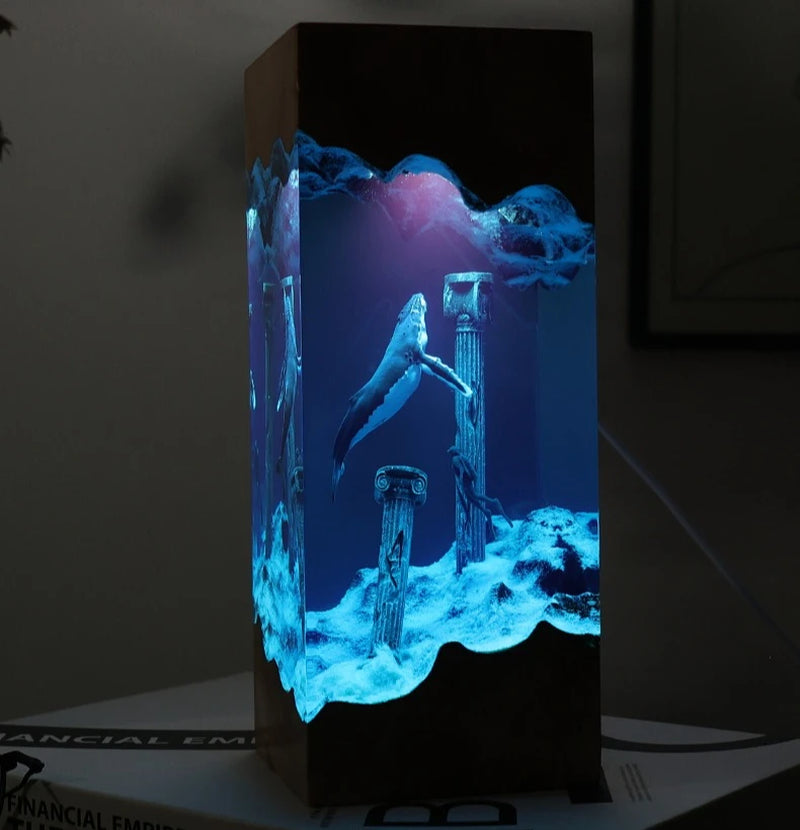 New Marine Art Handicrafts - Wooden Resin Luminous Statues Cave Whales Divers Family Table Decorations Unique Gifts
