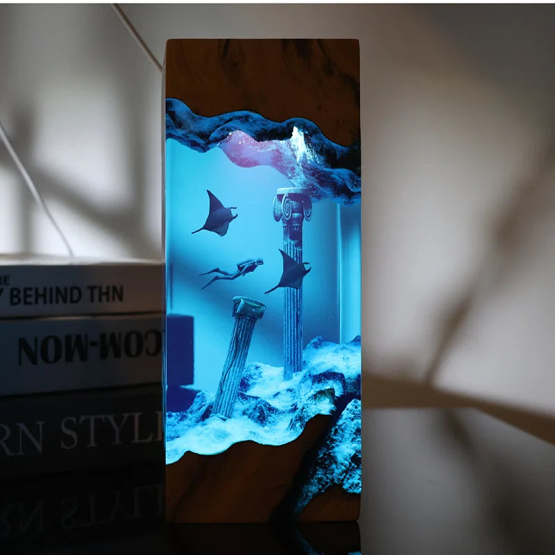New Marine Art Handicrafts - Wooden Resin Luminous Statues Cave Whales Divers Family Table Decorations Unique Gifts