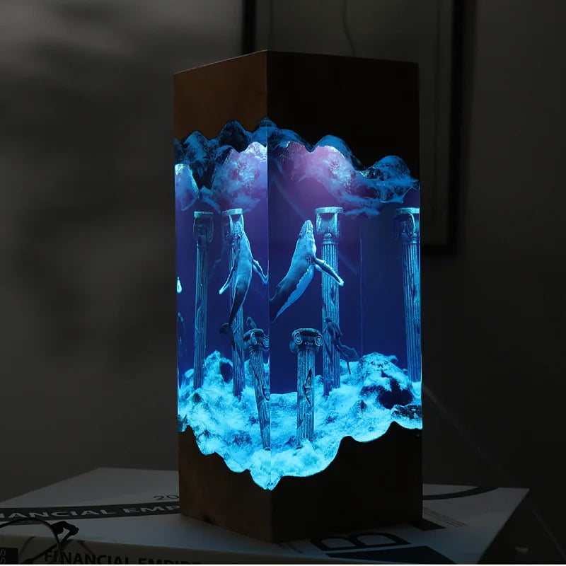 New Marine Art Handicrafts - Wooden Resin Luminous Statues Cave Whales Divers Family Table Decorations Unique Gifts